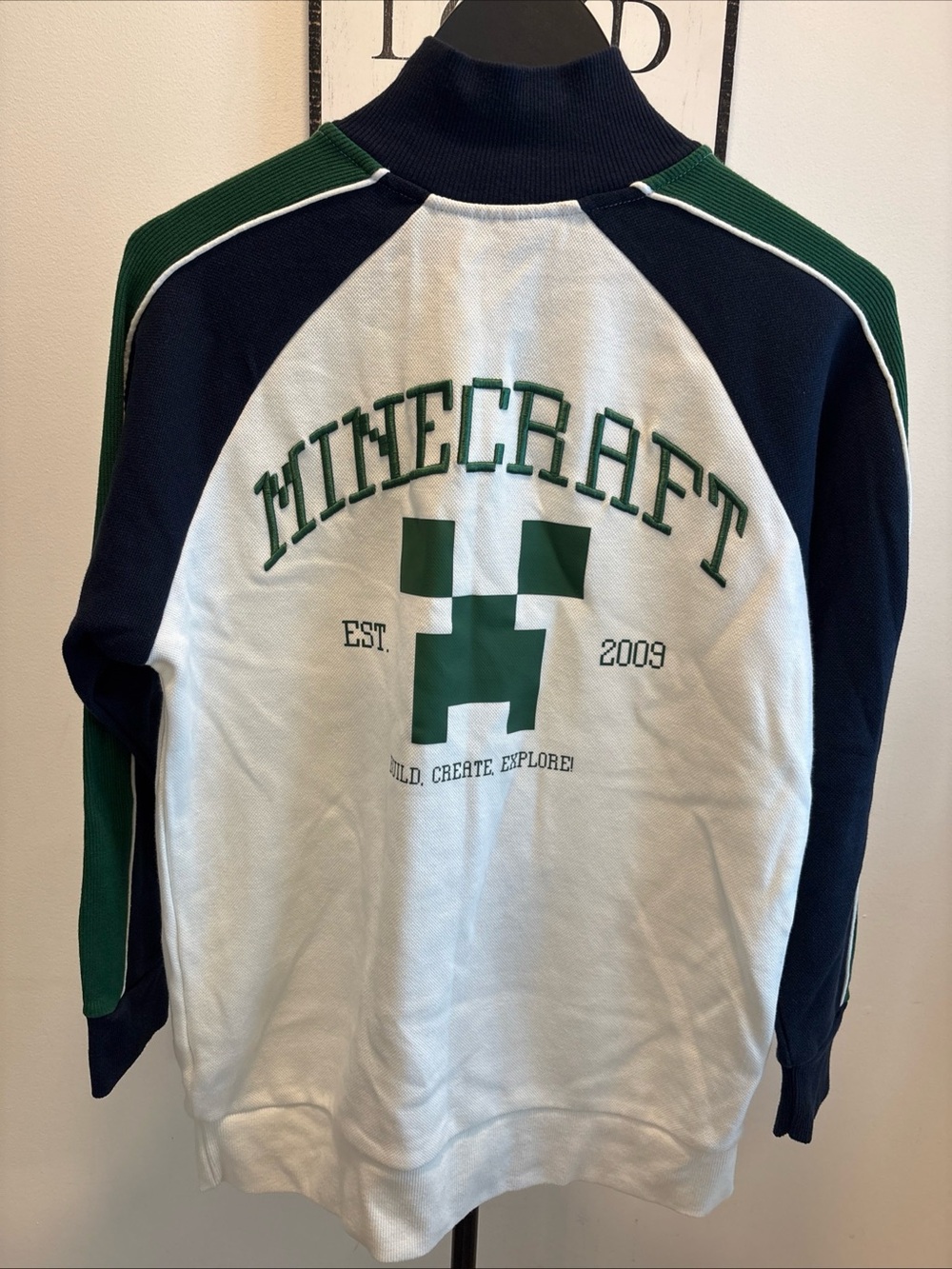 Minecraft Boys 12-13 158cm Long Sleeve Half Zip Shirt Embroidered White Green